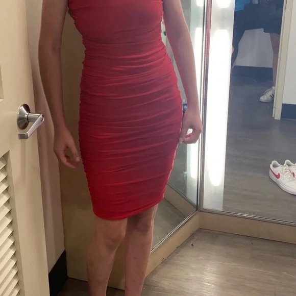 B Darlin Mesh Ruched Tube Dress, Red, Red, M